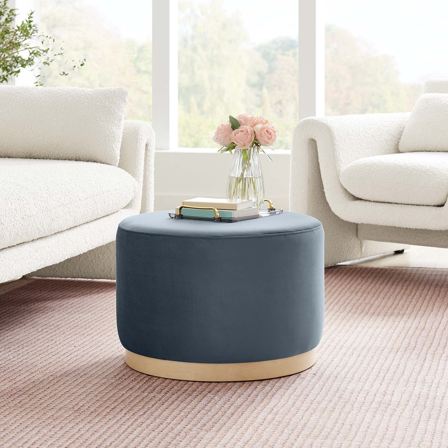 Tilden Large 23" Round Performance Velvet Upholstered Ottoman