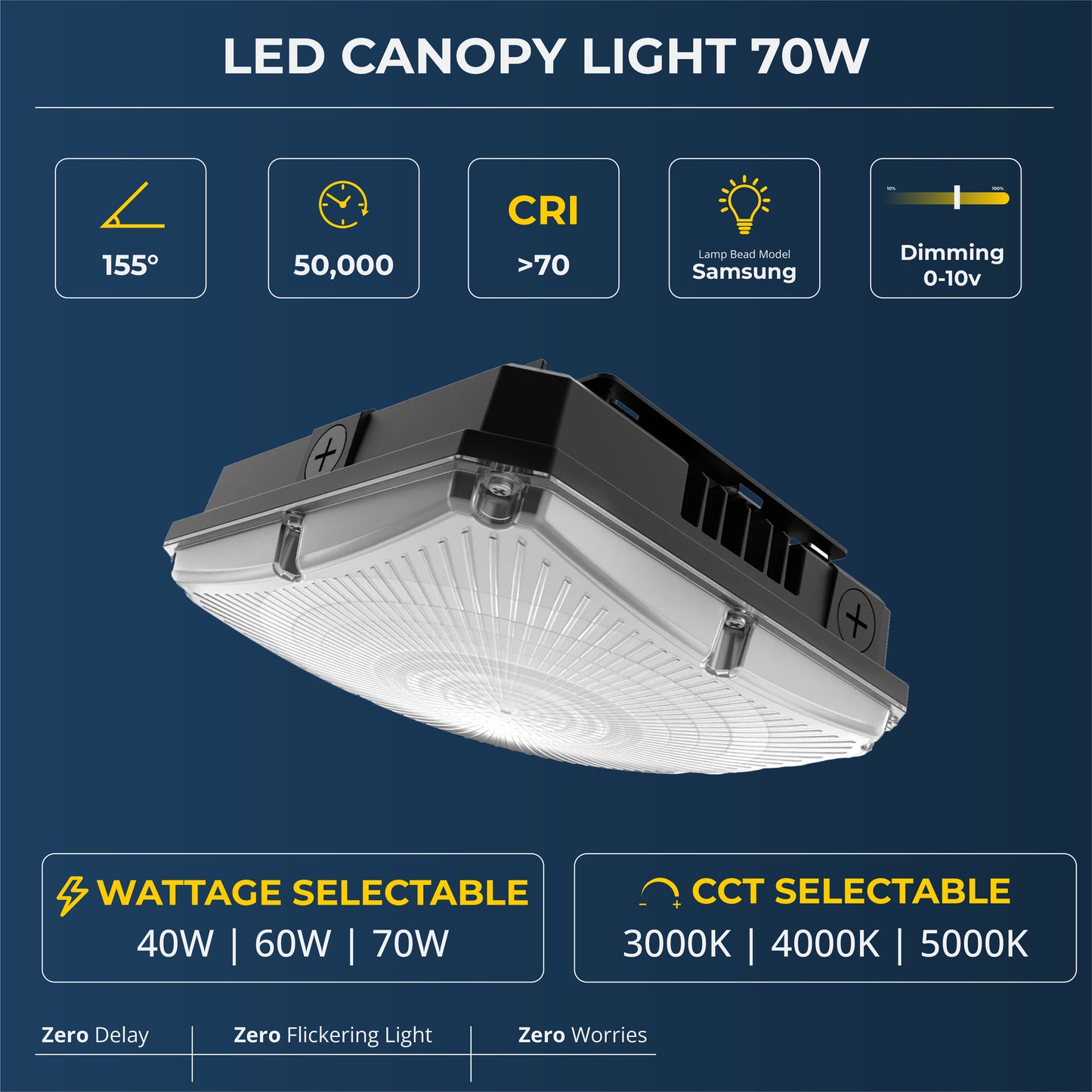 LED Canopy Light, 40W/60W/70W Selectable, 3CCT, UL & DLC Listed