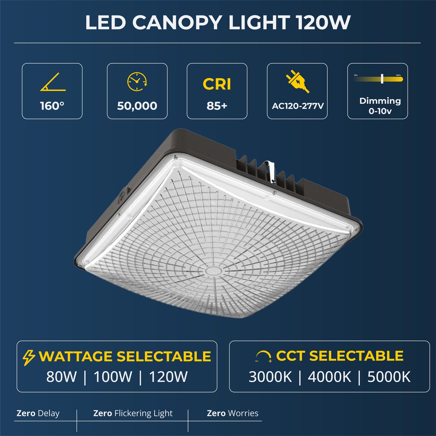 LED Canopy Light, 80W/100W/120W Selectable, 3CCT, UL & DLC Listed