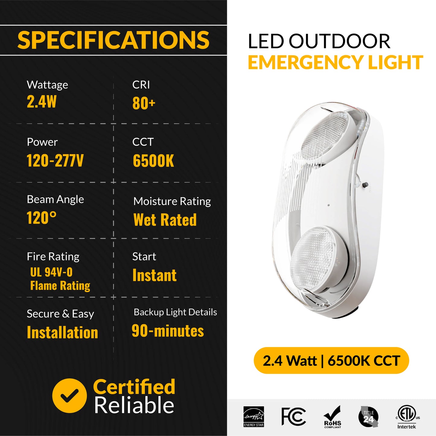 LED 2-Head Outdoor Emergency Light, 2.4W, 6500K CCT, 400 Lumens