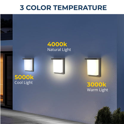 LED Outdoor Wall Sconce, 12W/14W/16W Selectable, 3000K/4000K/5000K, Black Finish