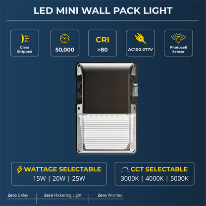 LED 3-in-1 Wattage Mini Wallpack | 15W, 20W, 25W | 3-in-1 CCT | Photocell Sensor | 5-Year Warranty