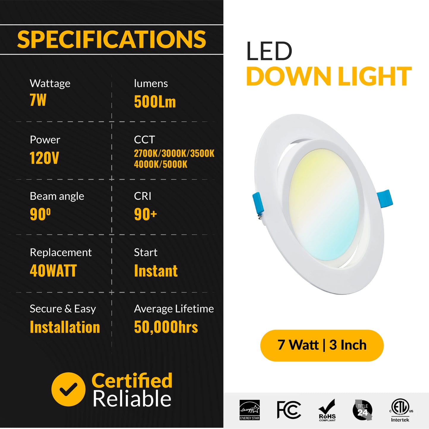 Recessed LED Lighting, 3 Inch, Slim Gimbal, Selectable CCT, 500 Lumens