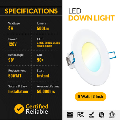 Recessed LED Lighting, 3 Inch, Slim, Selectable CCT, 500 Lumens