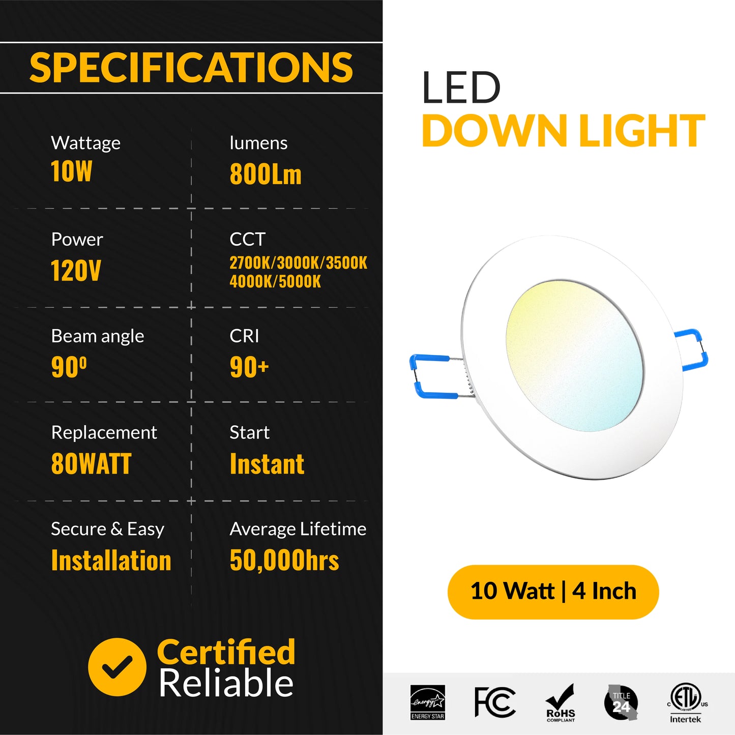 Recessed LED Lighting, 4 Inch, High Lumen Slim, Wafer Thin, Smooth Trim, Selectable CCT, 800 Lumens