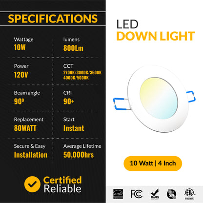 Recessed LED Lighting, 4 Inch, High Lumen Slim, Wafer Thin, Smooth Trim, Selectable CCT, 800 Lumens