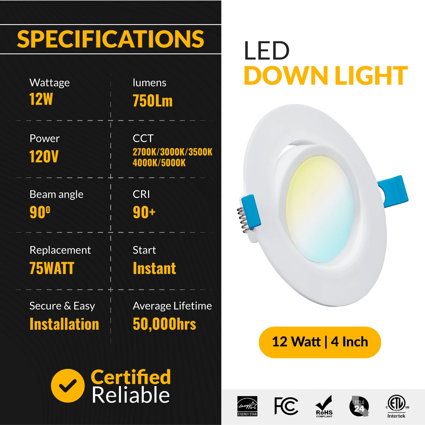 Recessed LED Lighting, 4 Inch, Slim Gimbal, Selectable CCT, 750 Lumens