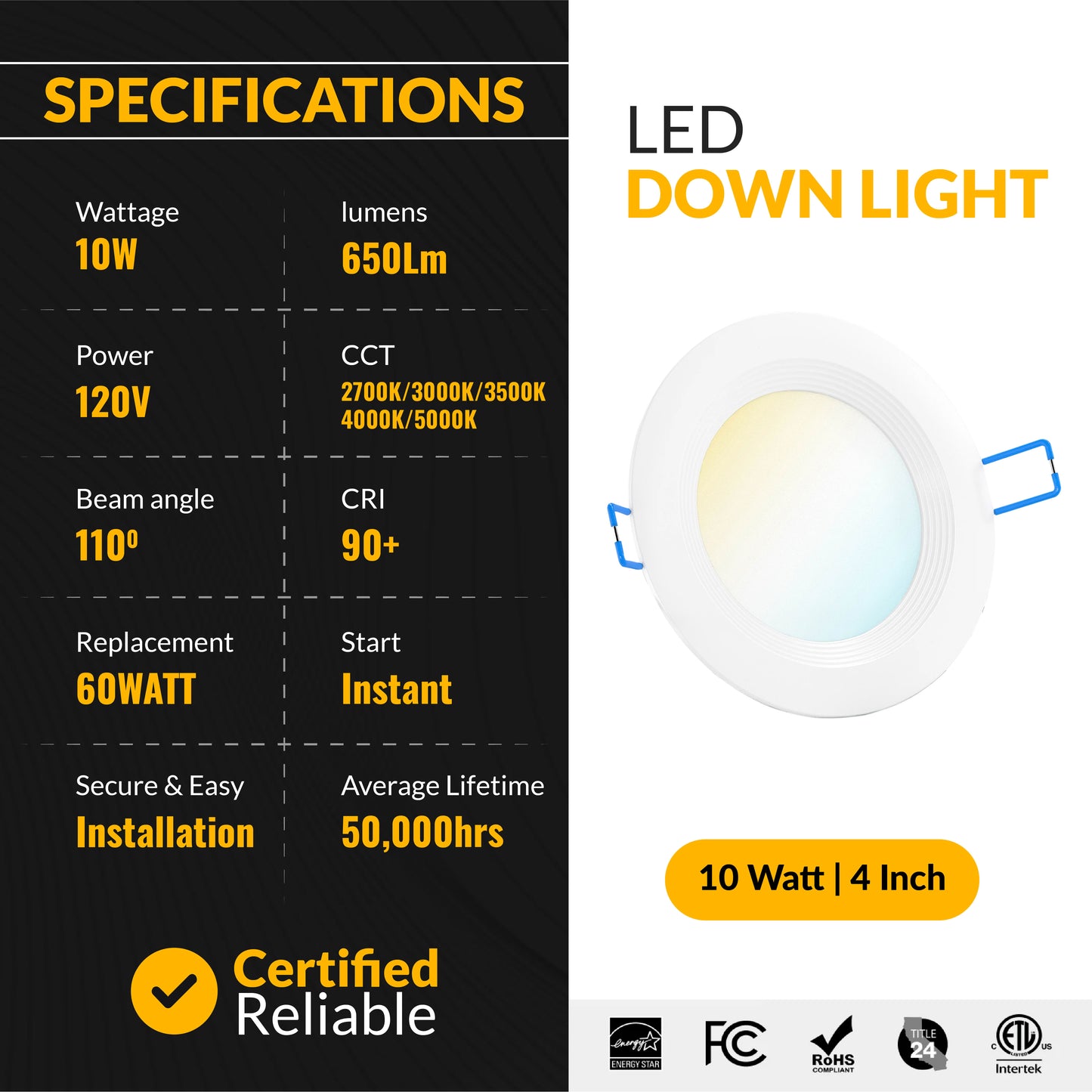 Recessed LED Lighting, 4 Inch, Slim, Baffle Trim, Selectable CCT