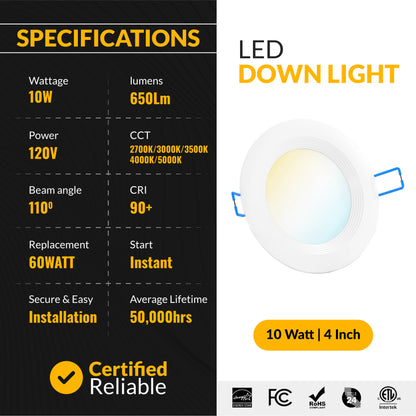 Recessed LED Lighting, 4 Inch, Slim, Baffle Trim, Selectable CCT