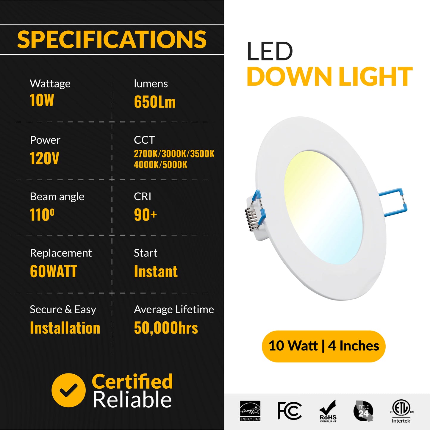 Recessed LED Lighting, 4 Inch, Slim, Selectable CCT, 650 Lumens