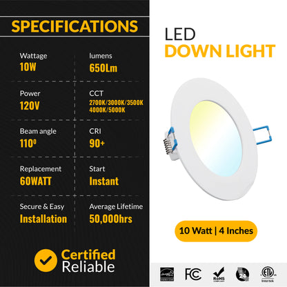 Recessed LED Lighting, 4 Inch, Slim, Selectable CCT, 650 Lumens