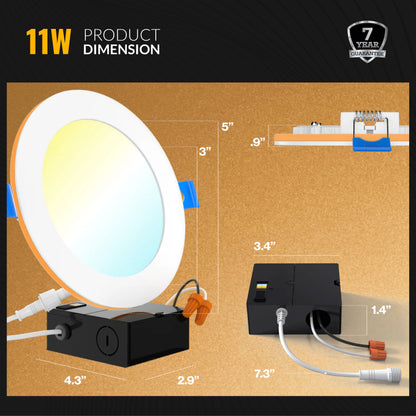 Recessed LED Lighting, 4 Inch, Slim, Wafer Thin, Night Light, Selectable CCT (2700K-5000K), 900 Lumens