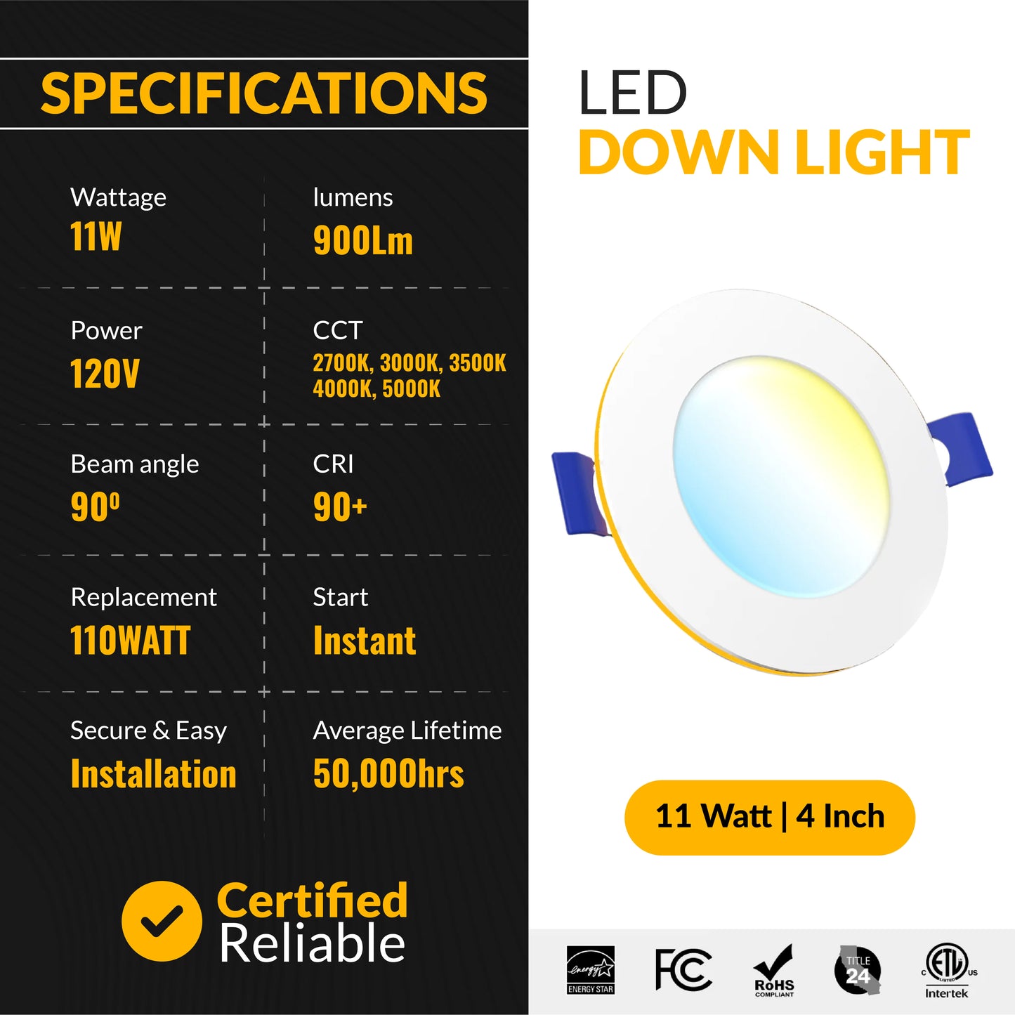 Recessed LED Lighting, 4 Inch, Slim, Wafer Thin, Night Light, Selectable CCT (2700K-5000K), 900 Lumens