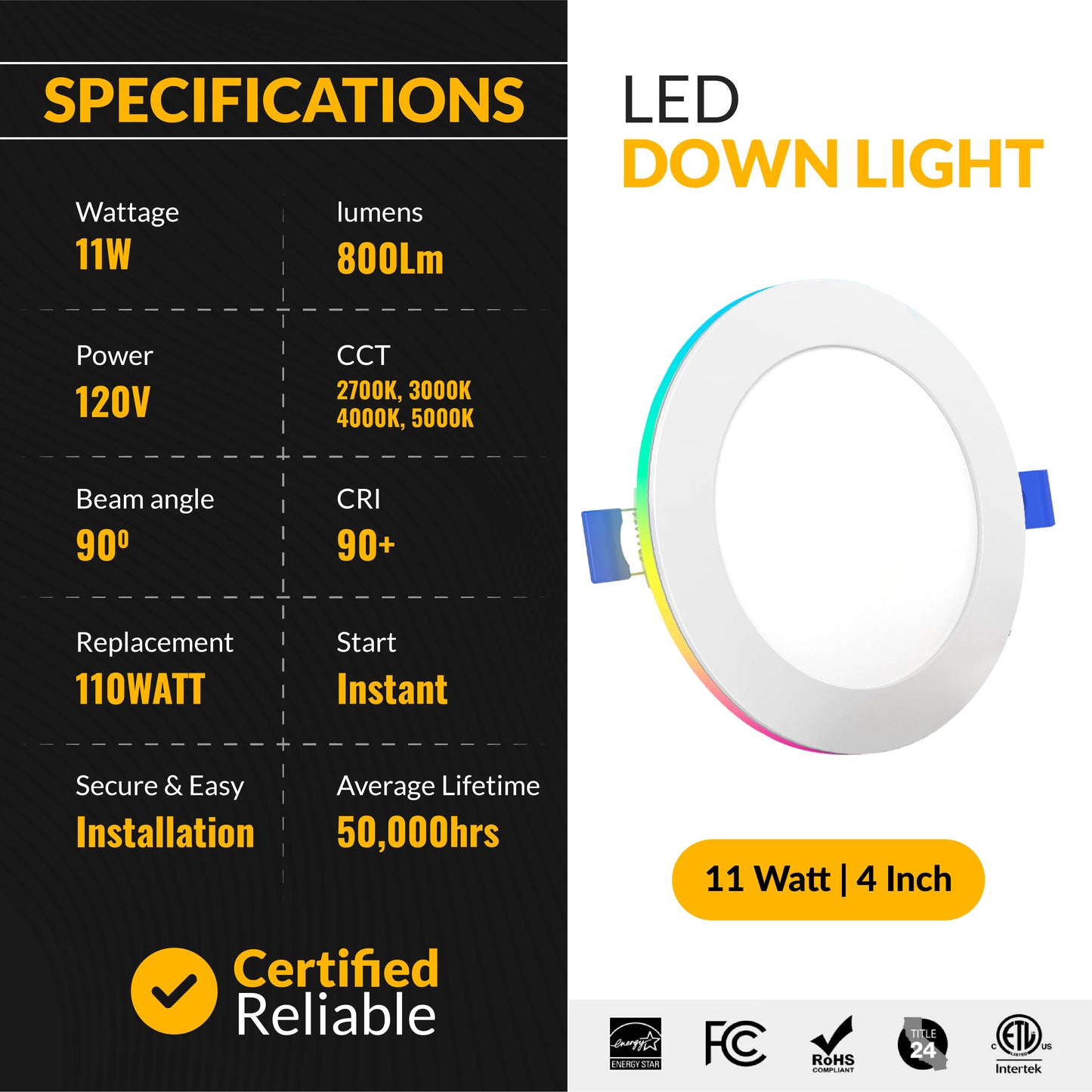 Recessed LED Lighting, 4 Inch, Smart Night Light Slim, Wafer Thin, Smooth Trim, Selectable CCT, 800 Lumens