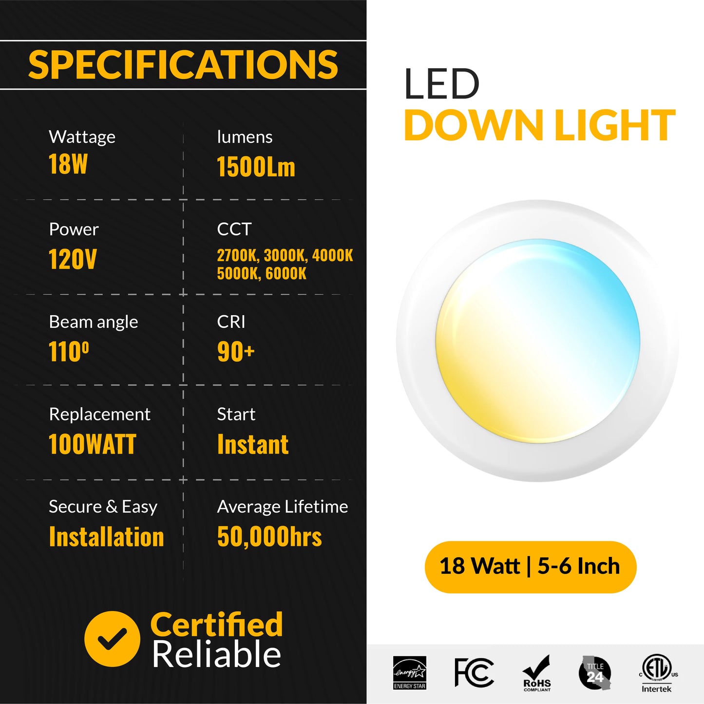 Recessed LED Lighting, 5-6 Inch, Disk Downlight, 18W, Selectable CCT, 1050 Lumens