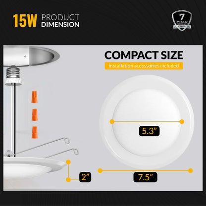 Recessed LED Lighting, 5-6 Inch, Disk Downlight, 15W, Selectable CCT, 1050 Lumens