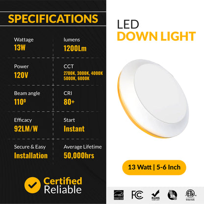 Recessed LED Lighting, 5-6 Inch, Disk Downlight, Night Light, 13W, Selectable CCT, 1200 Lumens