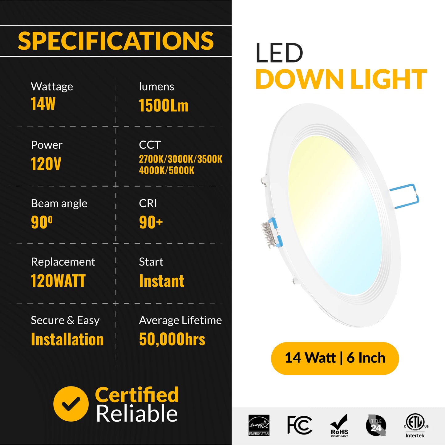 Recessed LED Lighting, 6 Inch, High Lumen Slim, Wafer Thin, Smooth Trim, Selectable CCT, 1500 Lumens