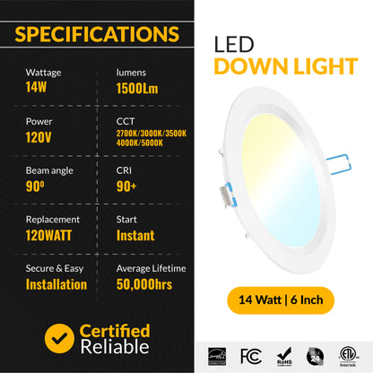 Recessed LED Lighting, 6 Inch, High Lumen Slim, Wafer Thin, Smooth Trim, Selectable CCT, 1500 Lumens