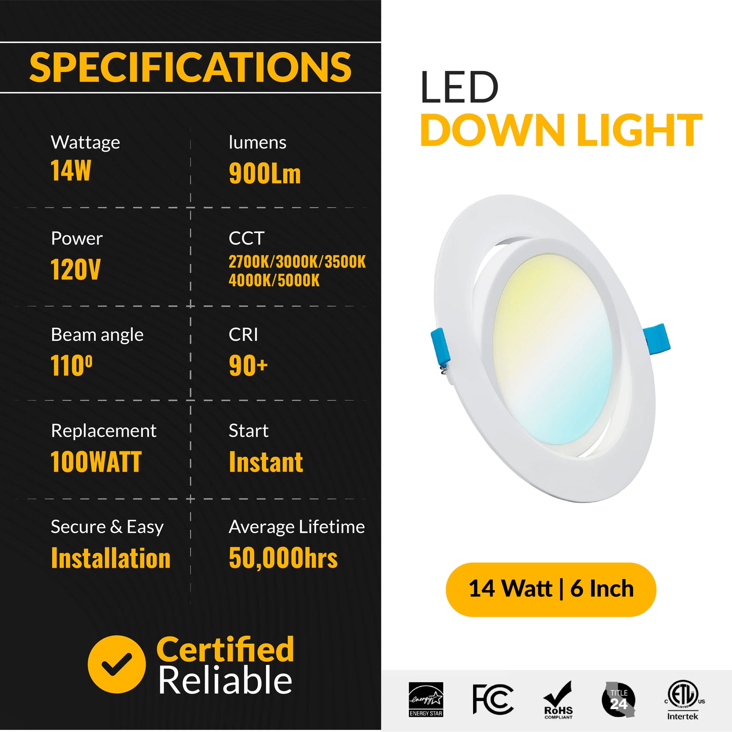 Recessed LED Lighting, 6 Inch, Slim Gimbal, Selectable CCT, 900 Lumens