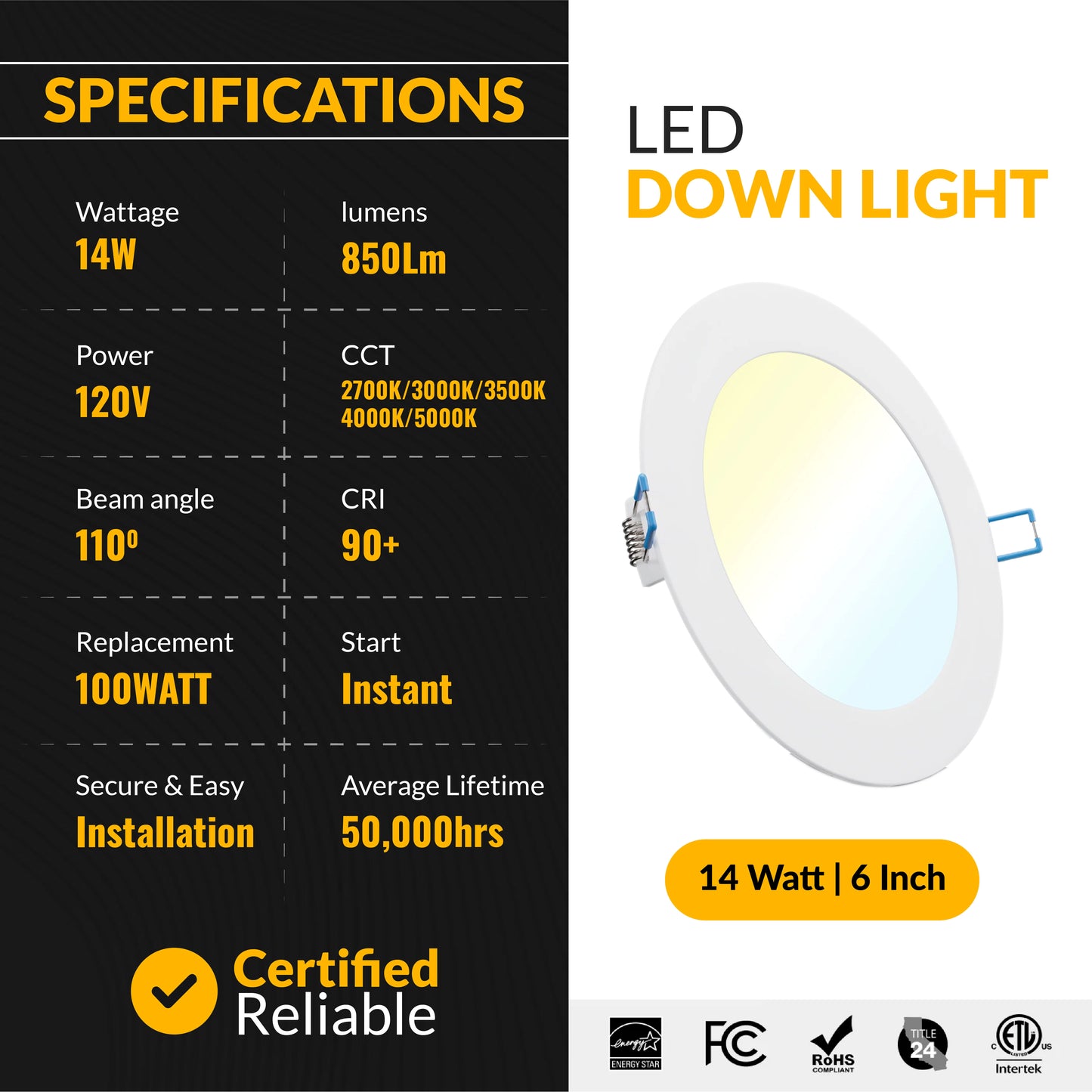 Recessed LED Lighting, 6 Inch, Slim, Selectable CCT, 850 Lumens