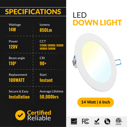 Recessed LED Lighting, 6 Inch, Slim, Selectable CCT, 850 Lumens