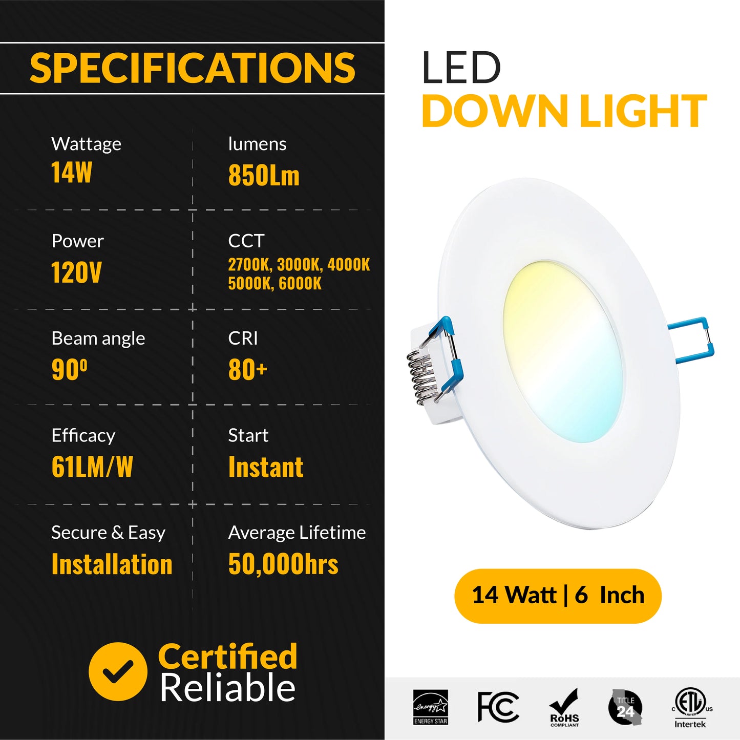 Recessed LED Lighting, 6 Inch, Slim, Selectable, Integrated Junction Box, 850 Lumens