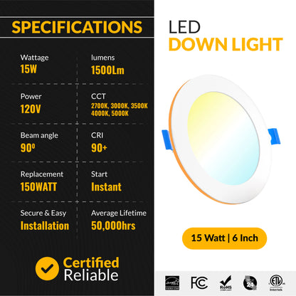 Recessed LED Lighting, 6 Inch, Slim, Wafer Thin, Night Light, Selectable CCT, 1500 Lumens