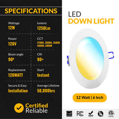 Recessed LED Lighting, 6 Inch, Slim, Wafer Thin, Selectable CCT, 1250 Lumens