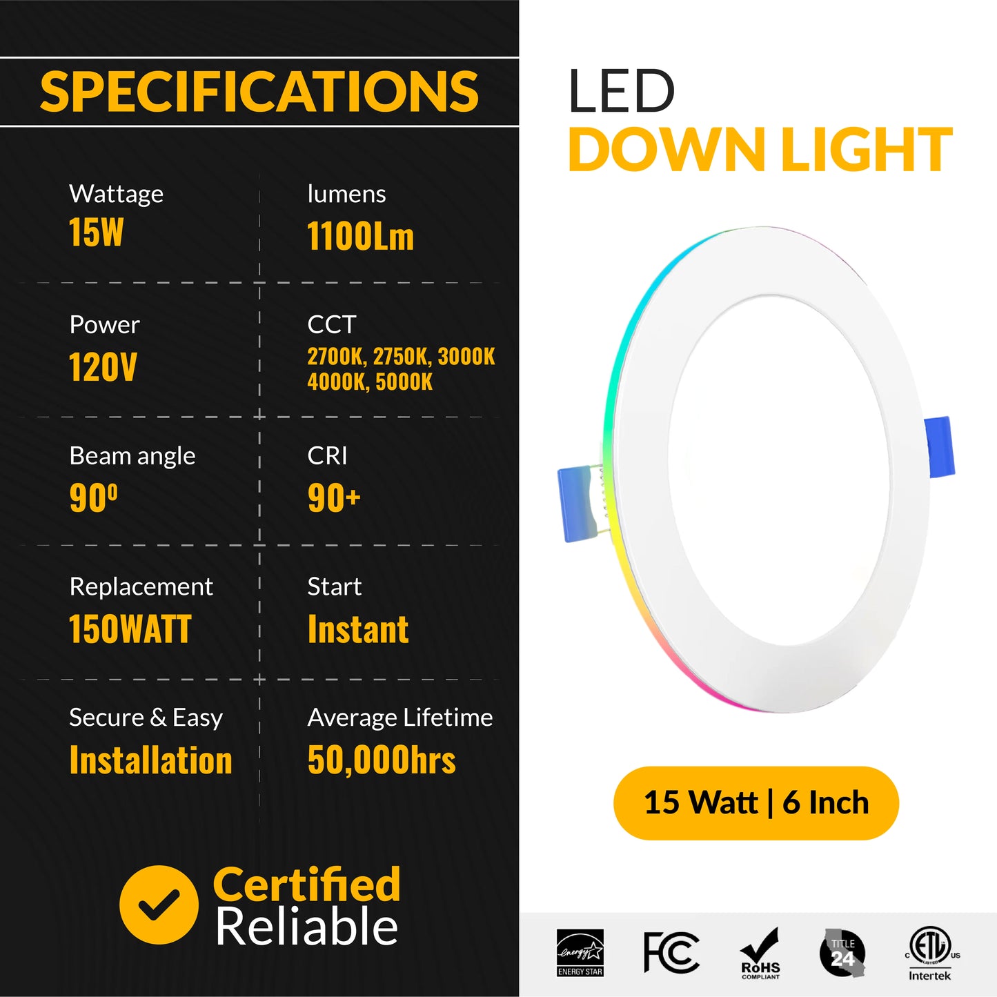 Recessed LED Lighting, 6 Inch, Smart Night Light Slim, Wafer Thin, Smooth Trim, Selectable CCT, 1100 Lumens