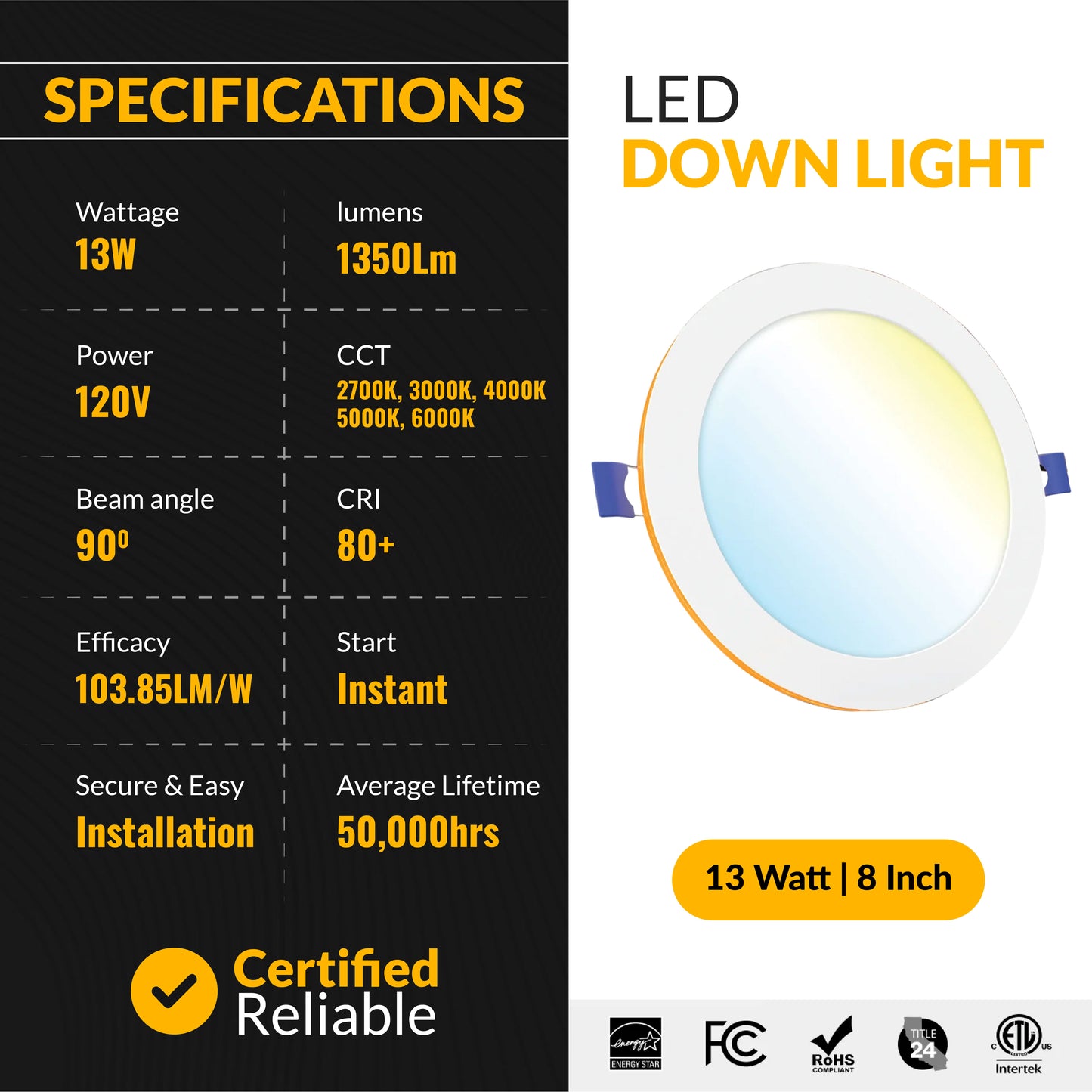 Recessed LED Lighting, 8 Inch, Slim, Wafer Thin, Night Light, Selectable CCT, 1350 Lumens