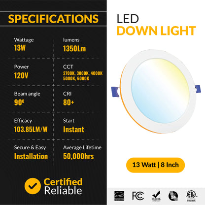 Recessed LED Lighting, 8 Inch, Slim, Wafer Thin, Night Light, Selectable CCT, 1350 Lumens