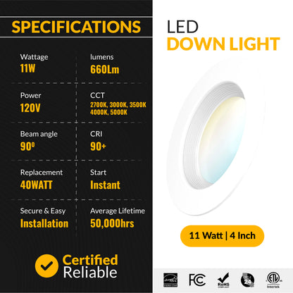 Recessed LED Retrofit Lighting, 4 Inch, Baffle, 660 Lumens, Selectable CCT