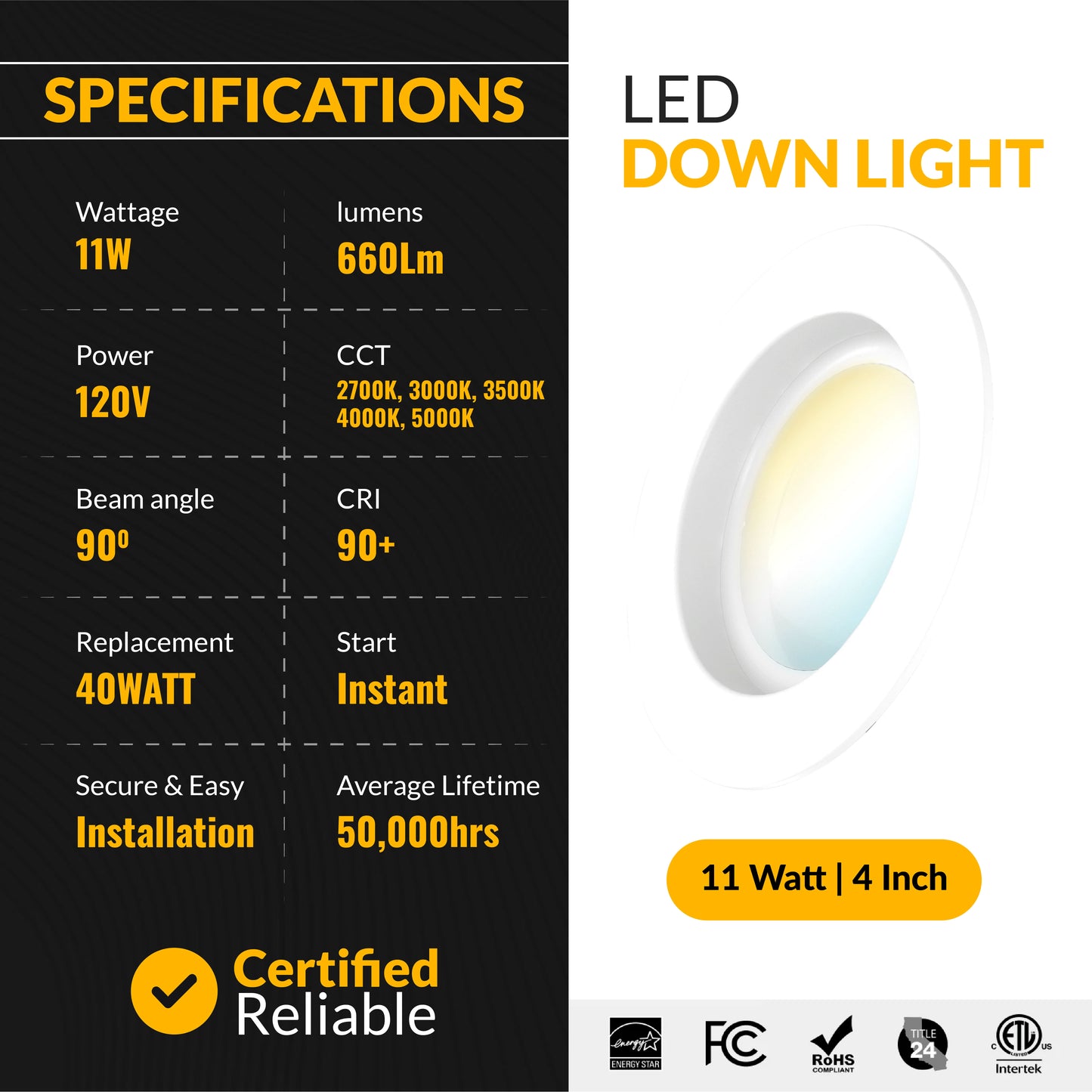 Recessed LED Retrofit Lighting, 4 Inch, Smooth, 660 Lumens, Selectable CCT (2700K-5000K)