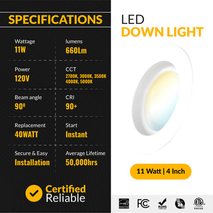 Recessed LED Retrofit Lighting, 4 Inch, Smooth, 660 Lumens, Selectable CCT (2700K-5000K)