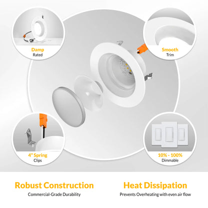 Recessed LED Retrofit Lighting, 4 Inch, Smooth, 660 Lumens, Selectable CCT (2700K-5000K)