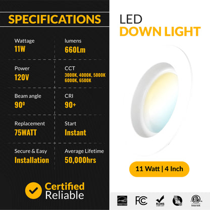 Recessed LED Retrofit Lighting, 4 Inch, Smooth, 660 Lumens, Selectable CCT (3000K-6500K)