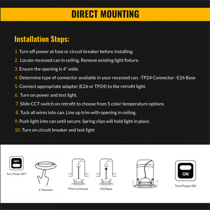 Recessed LED Retrofit Lighting, 4 Inch, Smooth, 660 Lumens, Selectable CCT (3000K-6500K)