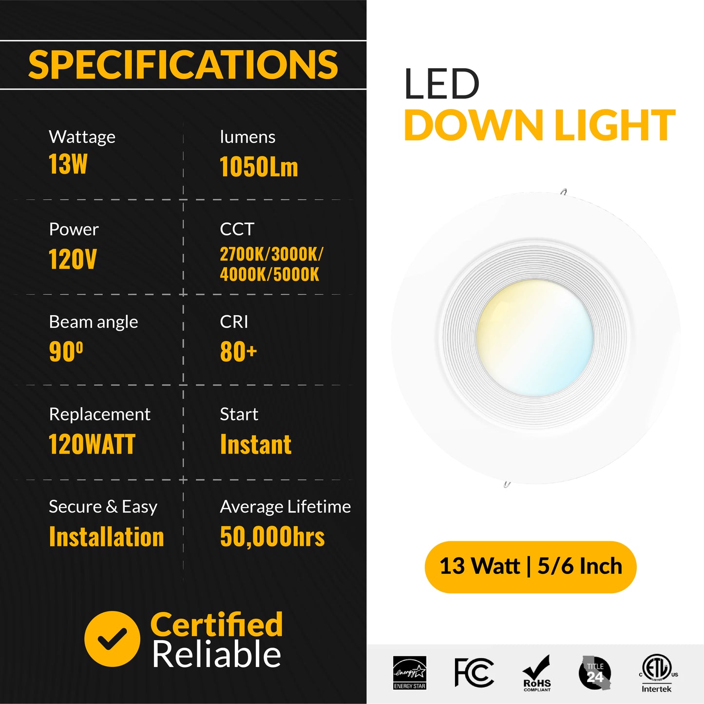 Recessed LED Retrofit Lighting, 5-6 Inch, Baffle, 1050 Lumens, Selectable CCT