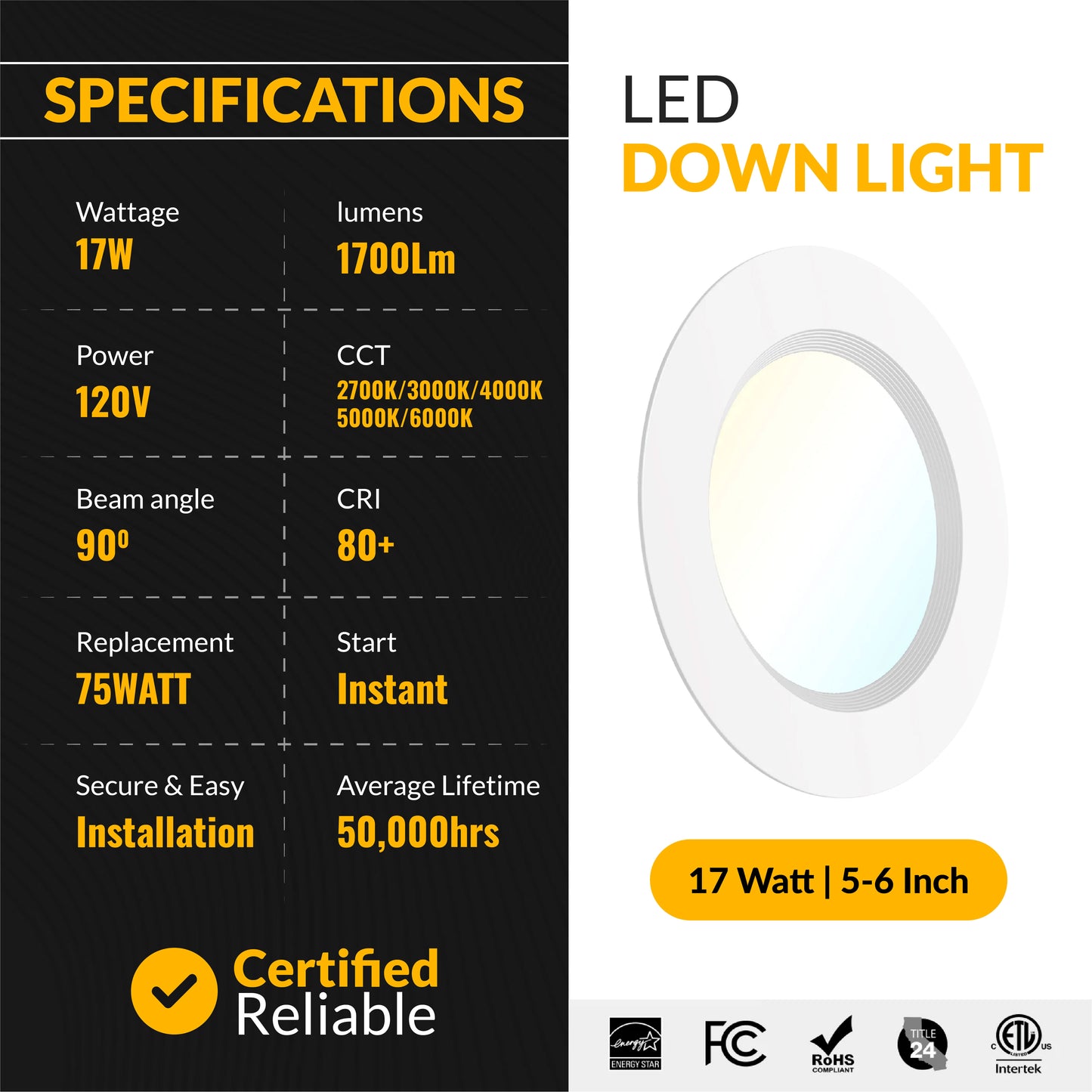 Recessed LED Retrofit Lighting, 5-6 Inch, Baffle, Selectable CCT, 1700 Lumens