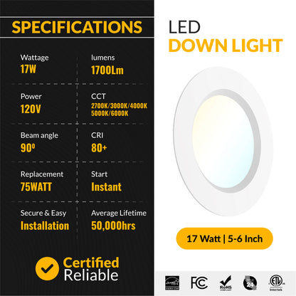 Recessed LED Retrofit Lighting, 5-6 Inch, Baffle, Selectable CCT, 1700 Lumens