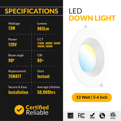 Recessed LED Retrofit Lighting, 5-6 Inch, Baffle, Selectable CCT, 965 Lumens