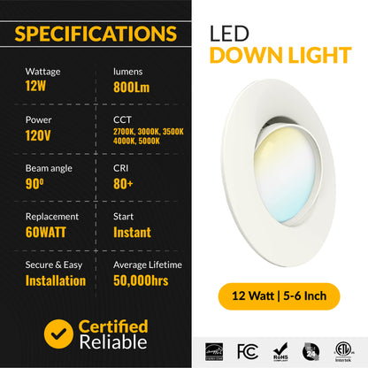 Recessed LED Retrofit Lighting, 5-6 Inch, Gimbal, 800 Lumens, Off White Trim, Selectable CCT