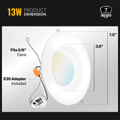 Recessed LED Retrofit Lighting, 5-6 Inch, Smooth, 965 Lumens, Selectable CCT (3000K-6500K)