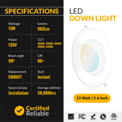 Recessed LED Retrofit Lighting, 5-6 Inch, Smooth, 965 Lumens, Selectable CCT (3000K-6500K)