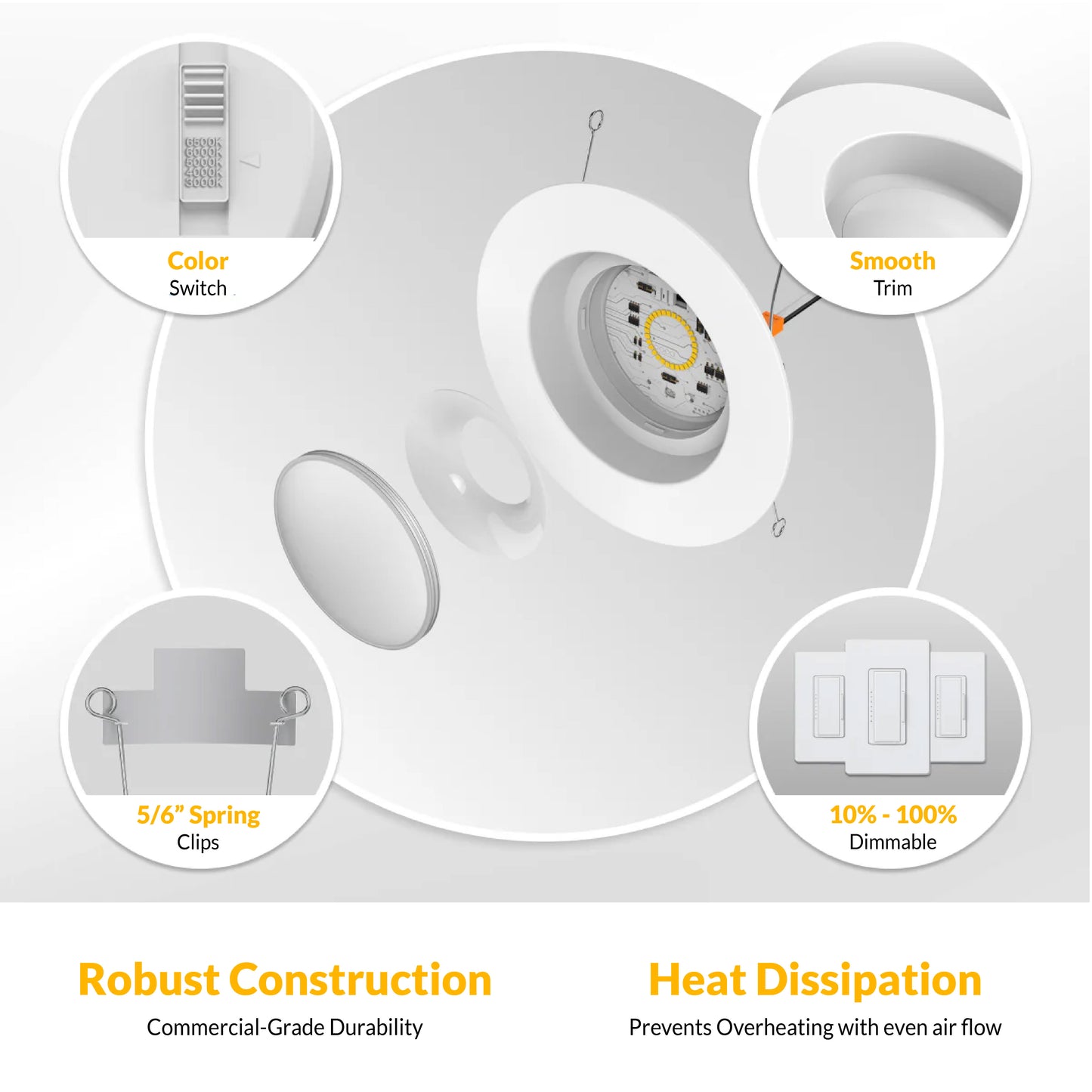 Recessed LED Retrofit Lighting, 5-6 Inch, Smooth, 965 Lumens, Selectable CCT (3000K-6500K)