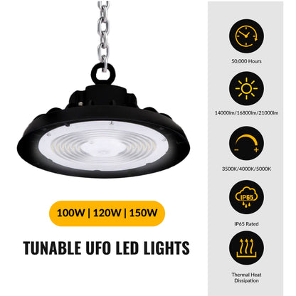 150w UFO LED High Bay 23300 Lumens, Adjustable Wattage & Selectable CCT 3500K-5000K