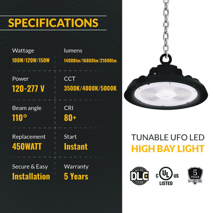 150w UFO LED High Bay 23300 Lumens, Adjustable Wattage & Selectable CCT 3500K-5000K