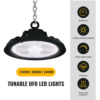 240w UFO LED High Bay 37200 Lumens, Adjustable Wattage & Selectable CCT 3500K-5000K