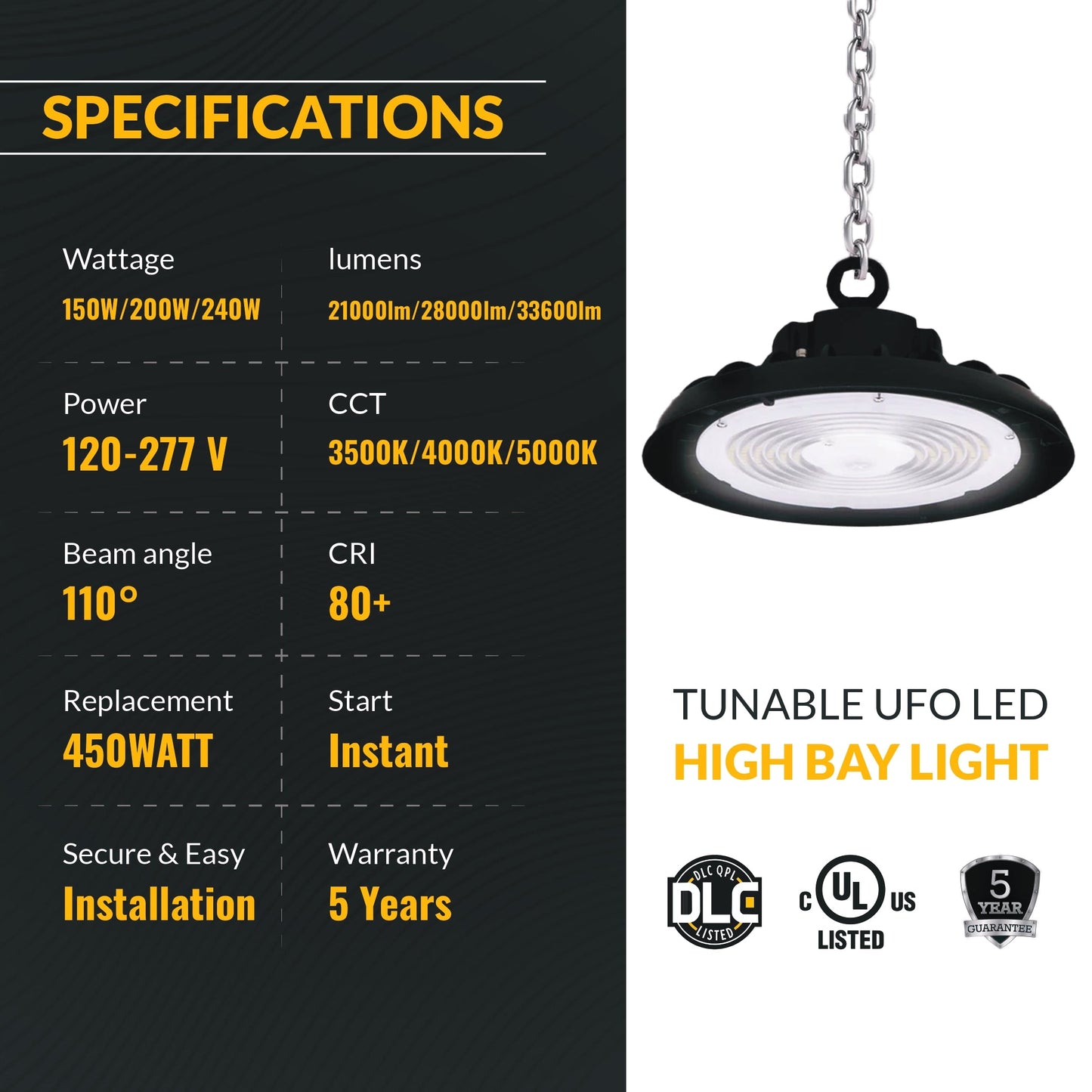 240w UFO LED High Bay 37200 Lumens, Adjustable Wattage & Selectable CCT 3500K-5000K